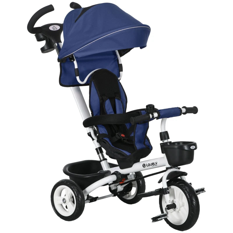 Metal Frame 4 in 1 Baby Push Tricycle with Parent Handle for 1-5 Years Old in Dark Blue | HOMCOM