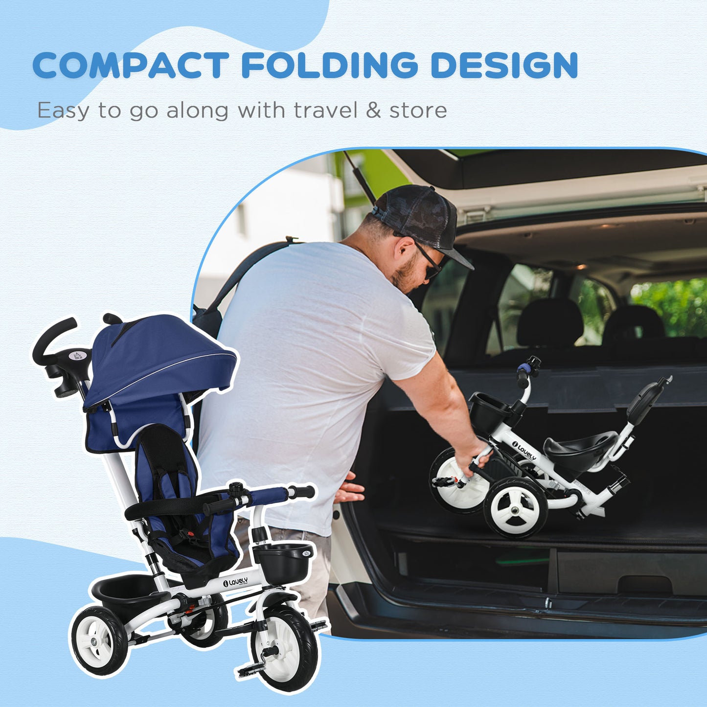 Metal Frame 4 in 1 Baby Push Tricycle with Parent Handle for 1-5 Years Old in Dark Blue | HOMCOM