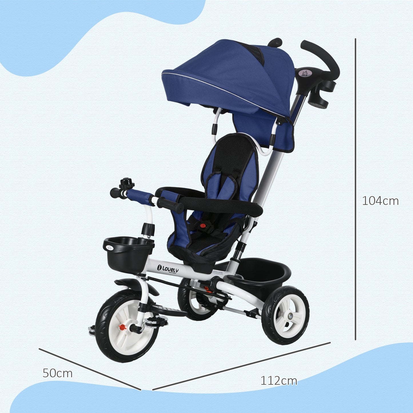 Metal Frame 4 in 1 Baby Push Tricycle with Parent Handle for 1-5 Years Old in Dark Blue | HOMCOM