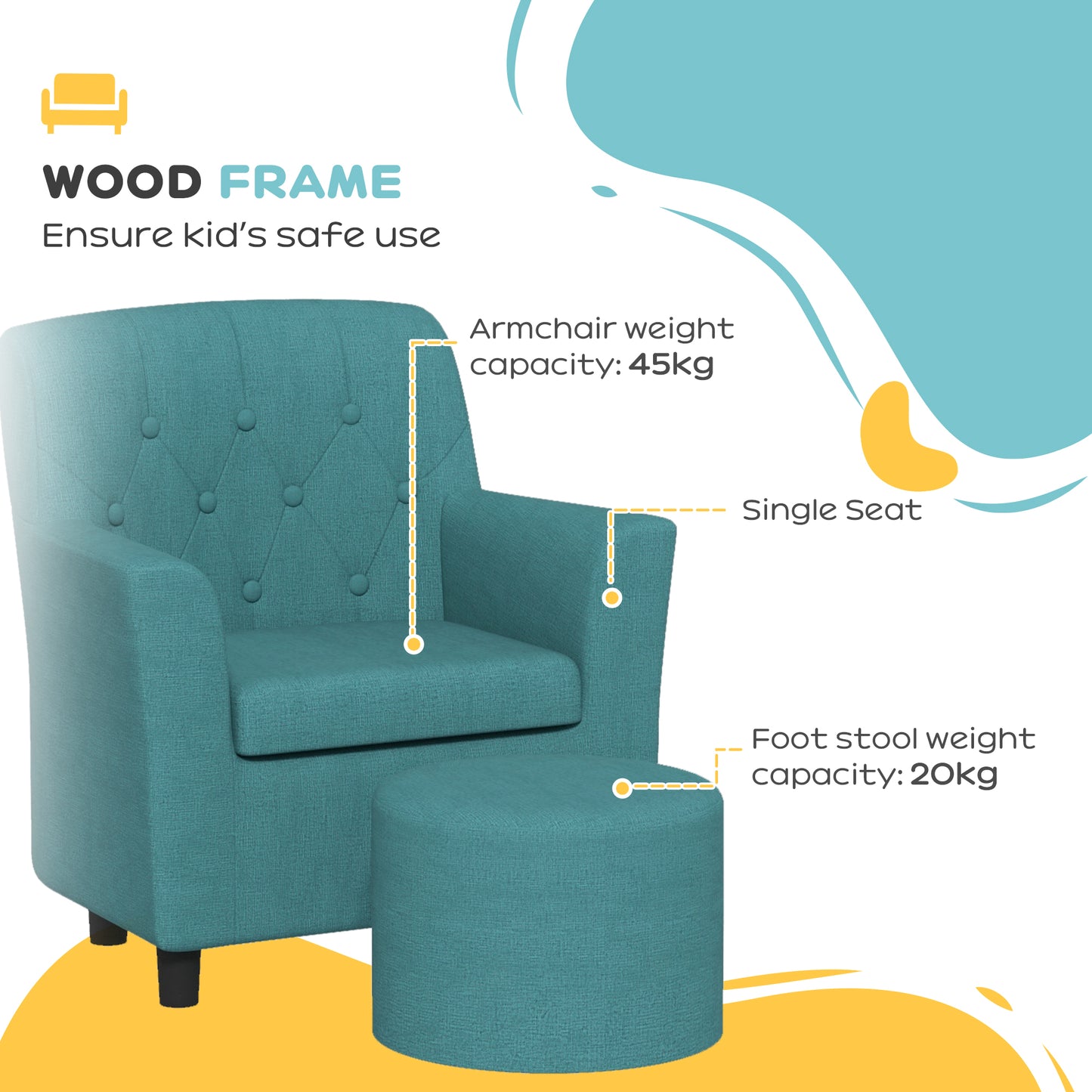 AIYAPLAY 2PCs Kids Sofa Set with Footrest, for Playroom, Bedroom in Blue