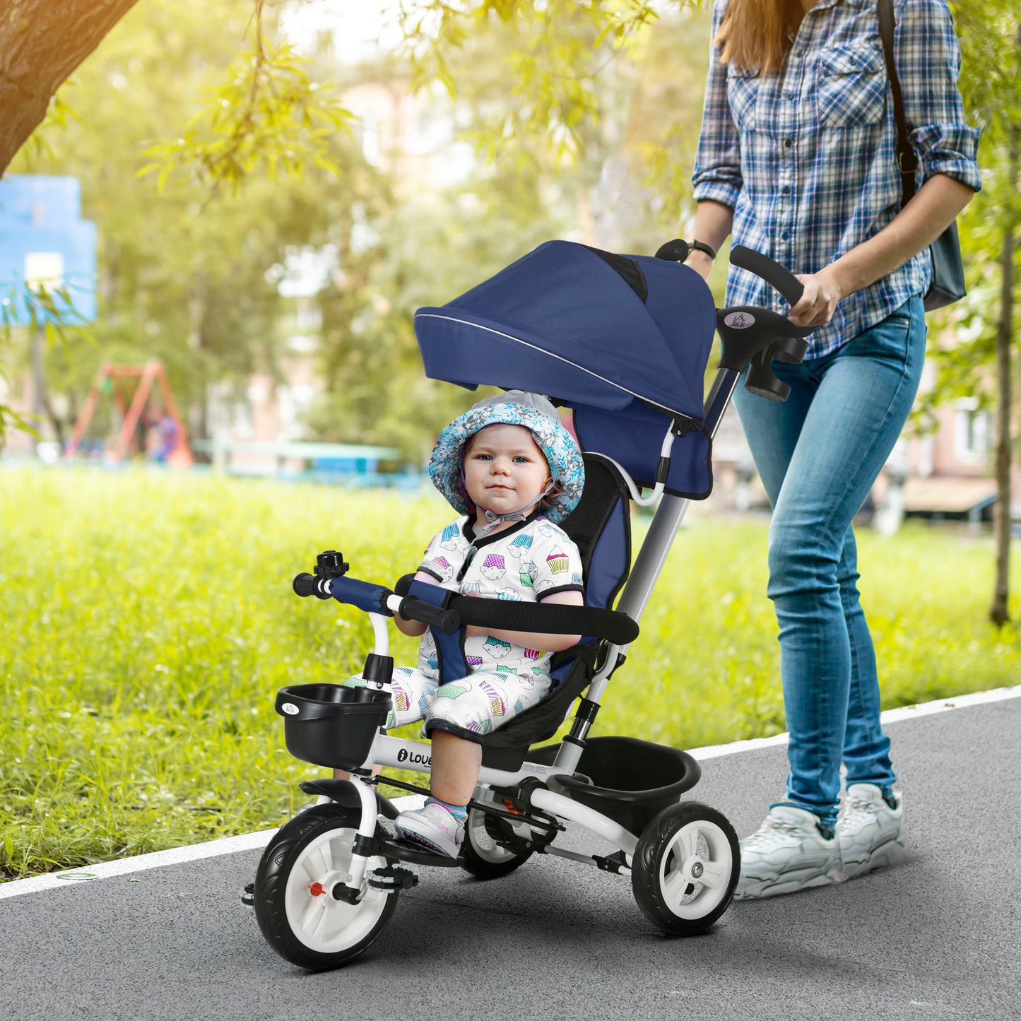 Metal Frame 4 in 1 Baby Push Tricycle with Parent Handle for 1-5 Years Old in Dark Blue | HOMCOM