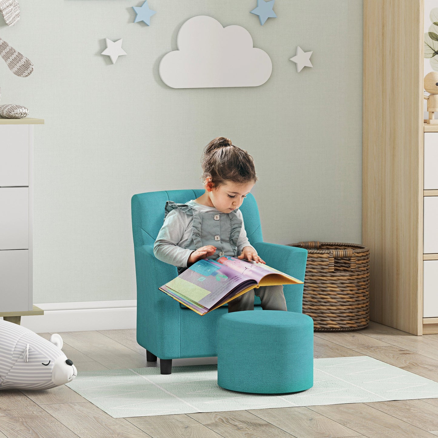 AIYAPLAY 2PCs Kids Sofa Set with Footrest, for Playroom, Bedroom in Blue