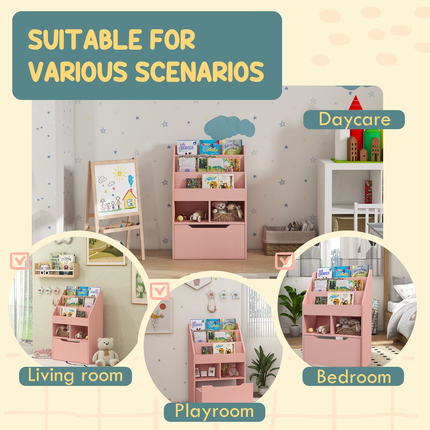 Kids Bookshelf, Toy Organiser, with Storage Drawer, Wheels - Pink by HOMCOM
