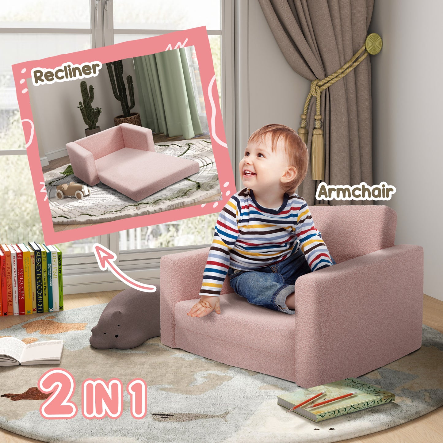 Childrens Sofa 2 in 1 Kids Convertible Sofa Kids Armchair, Foldable Recliner for Bedroom Playroom Living Room, Pink | AIYAPLAY