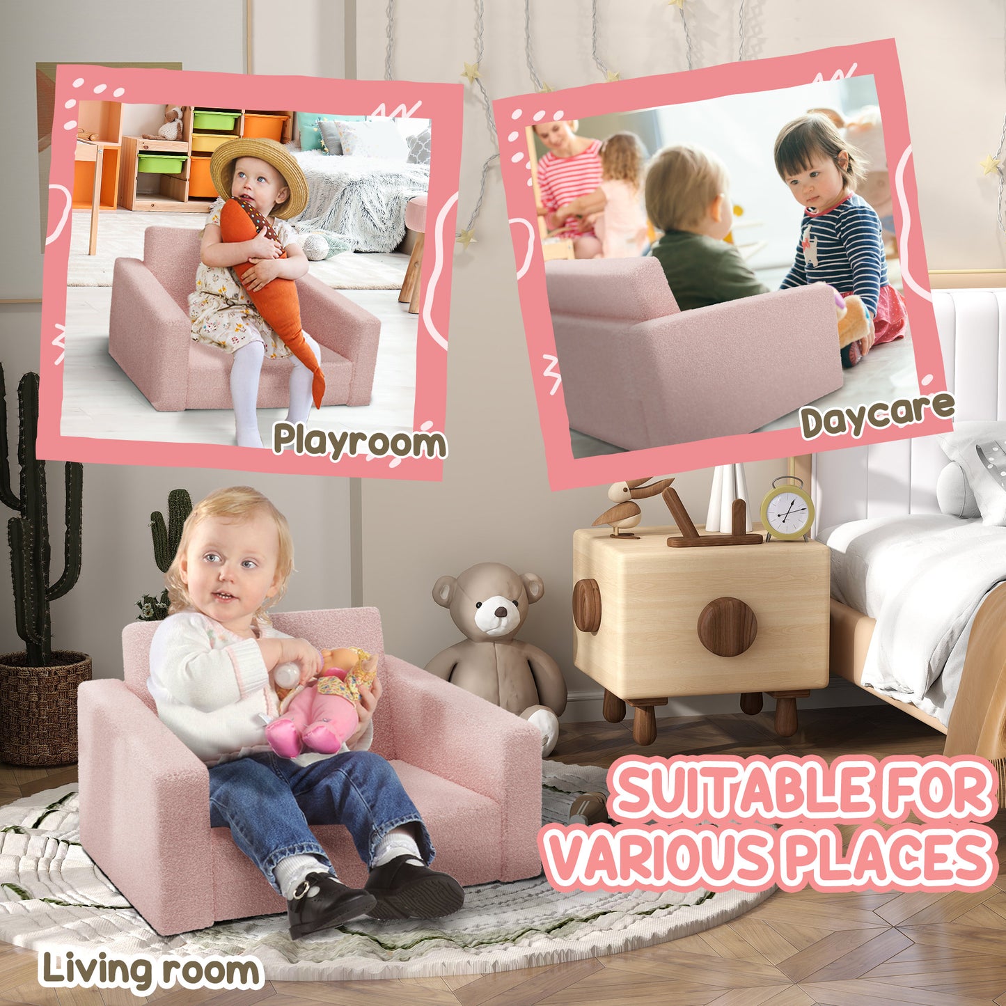 Childrens Sofa 2 in 1 Kids Convertible Sofa Kids Armchair, Foldable Recliner for Bedroom Playroom Living Room, Pink | AIYAPLAY