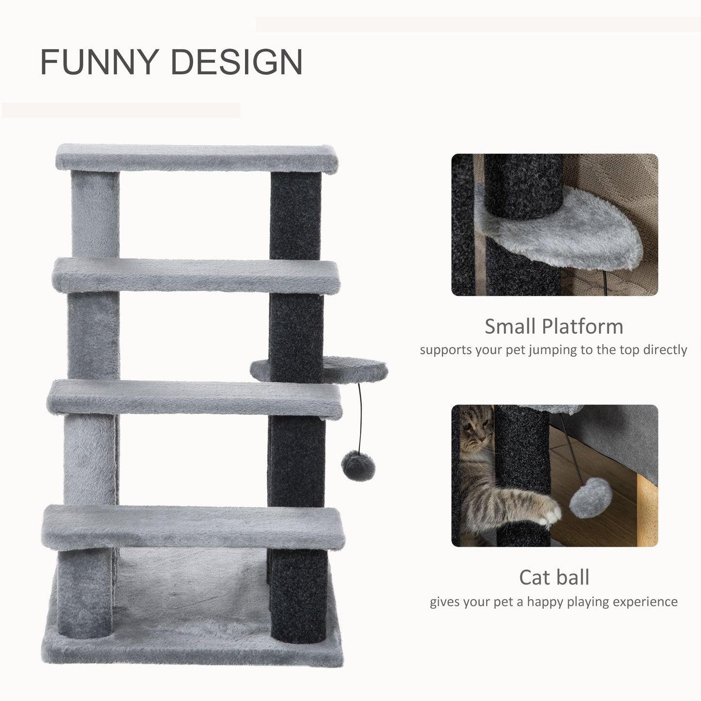 PawHut 4-step Pet Stairs with Scratching Posts, Platforms, Toy Ball, Grey-3