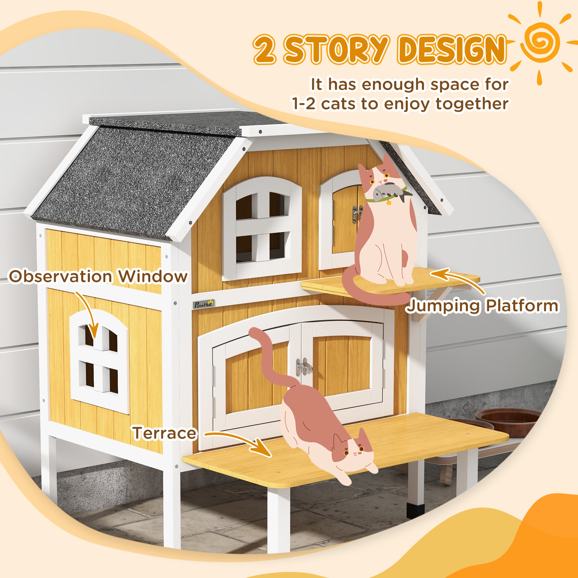Outdoor Cat Shelter 2 Tiers Wooden Feral Cat House with Openable Asphalt Roof, Escape Doors, Terrace, for 1-2 Cats | PawHut-3