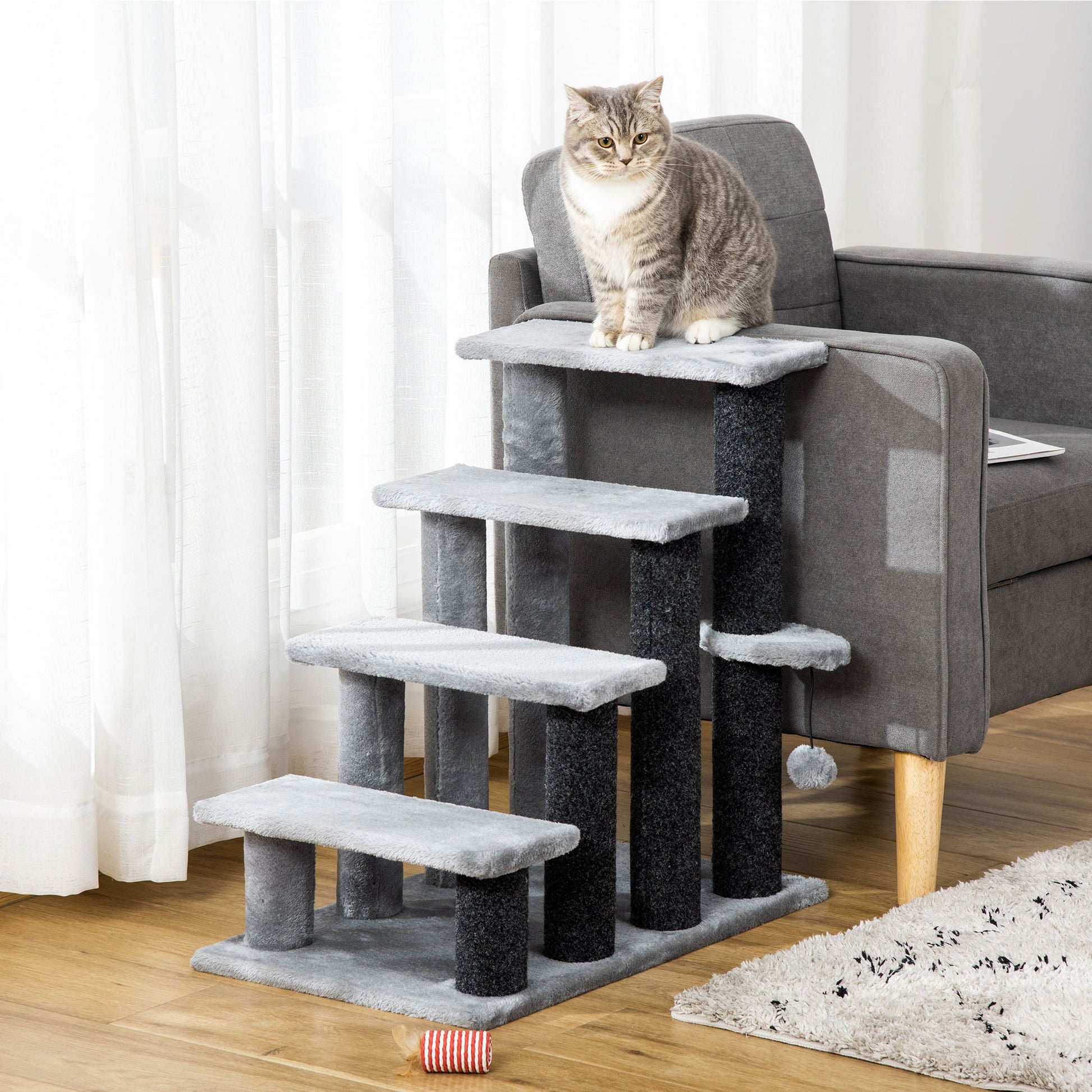 PawHut 4-step Pet Stairs with Scratching Posts, Platforms, Toy Ball, Grey-8
