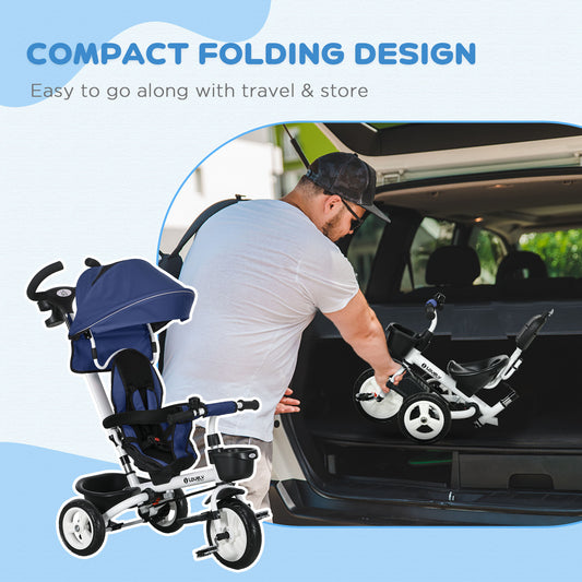 Metal Frame 4 in 1 Baby Push Tricycle with Parent Handle for 1-5 Years Old in Dark Blue | HOMCOM