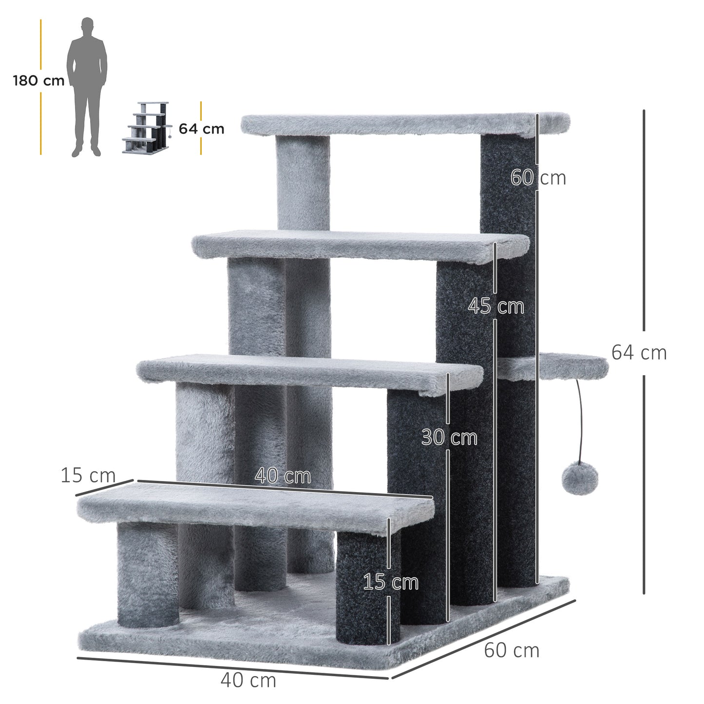 PawHut 4-step Pet Stairs with Scratching Posts, Platforms, Toy Ball, Grey-1
