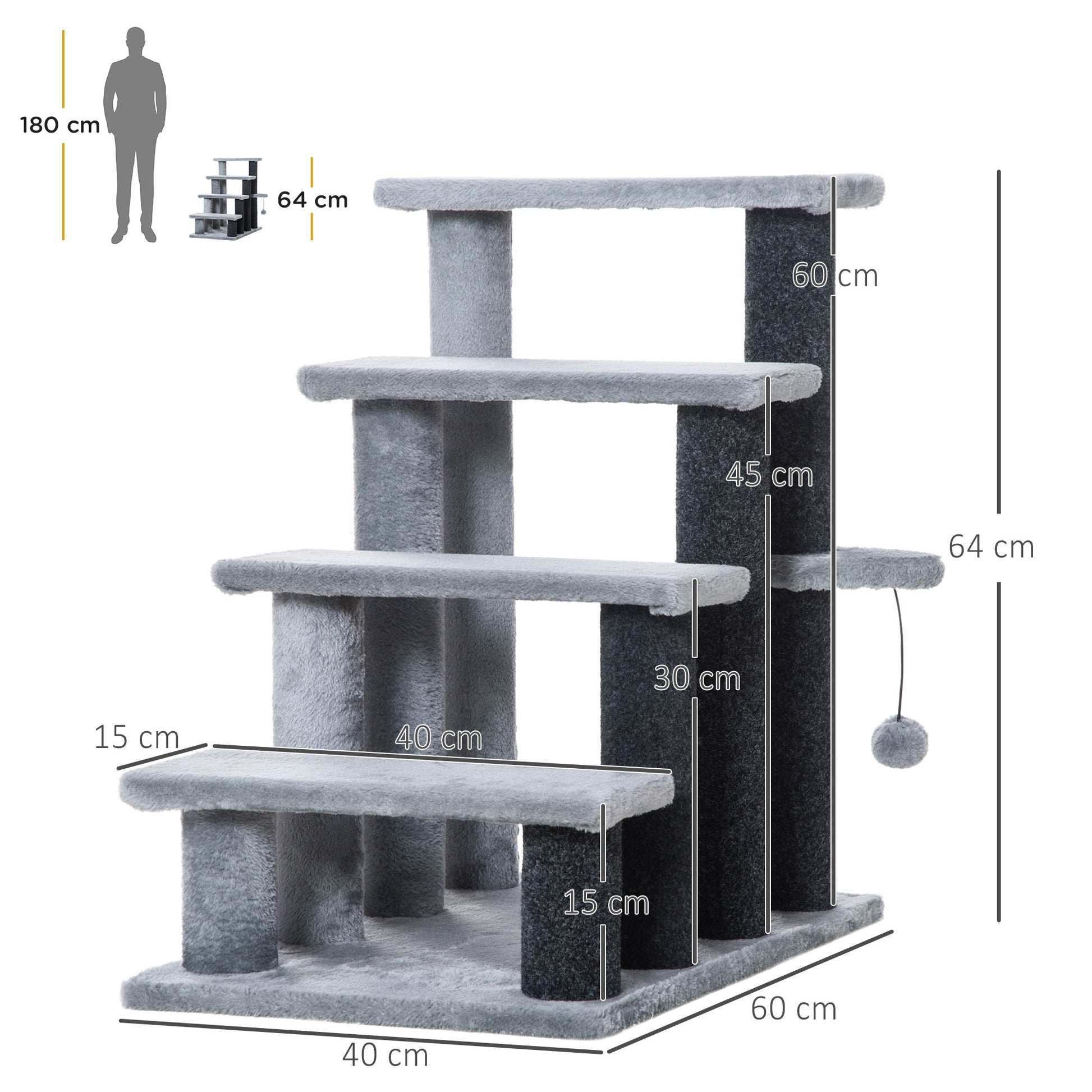 PawHut 4-step Pet Stairs with Scratching Posts, Platforms, Toy Ball, Grey-1