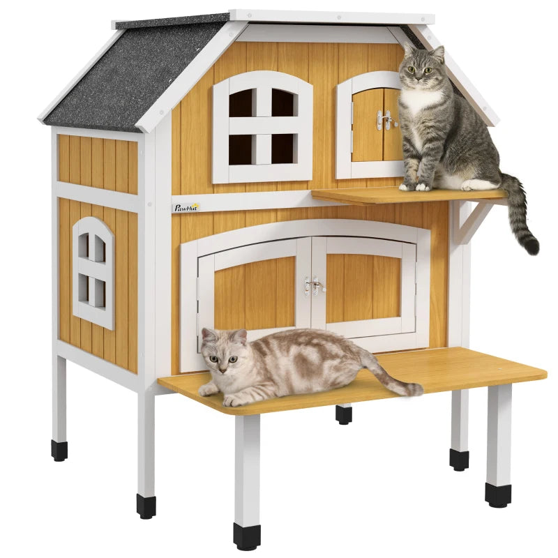 Outdoor Cat Shelter 2 Tiers Wooden Feral Cat House with Openable Asphalt Roof, Escape Doors, Terrace, for 1-2 Cats | PawHut-0