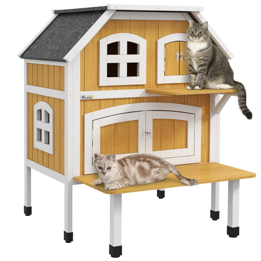 Outdoor Cat Shelter 2 Tiers Wooden Feral Cat House with Openable Asphalt Roof, Escape Doors, Terrace, for 1-2 Cats | PawHut-0