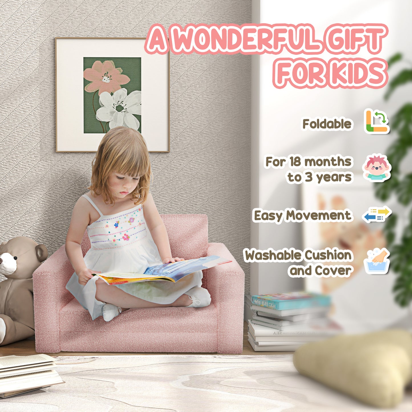 Childrens Sofa 2 in 1 Kids Convertible Sofa Kids Armchair, Foldable Recliner for Bedroom Playroom Living Room, Pink | AIYAPLAY