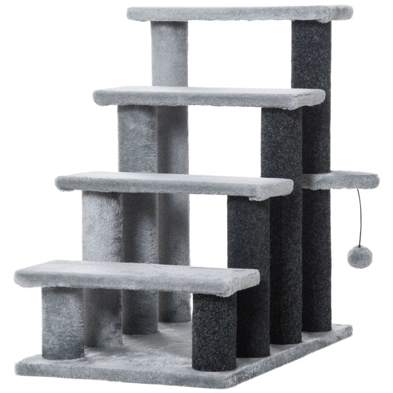 PawHut 4-step Pet Stairs with Scratching Posts, Platforms, Toy Ball, Grey-0