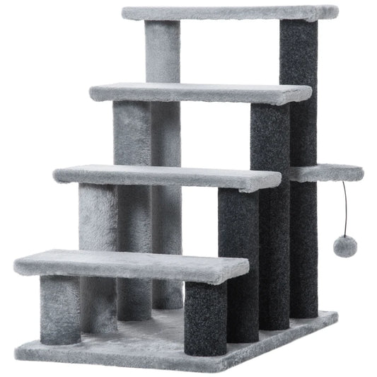 PawHut 4-step Pet Stairs with Scratching Posts, Platforms, Toy Ball, Grey-0