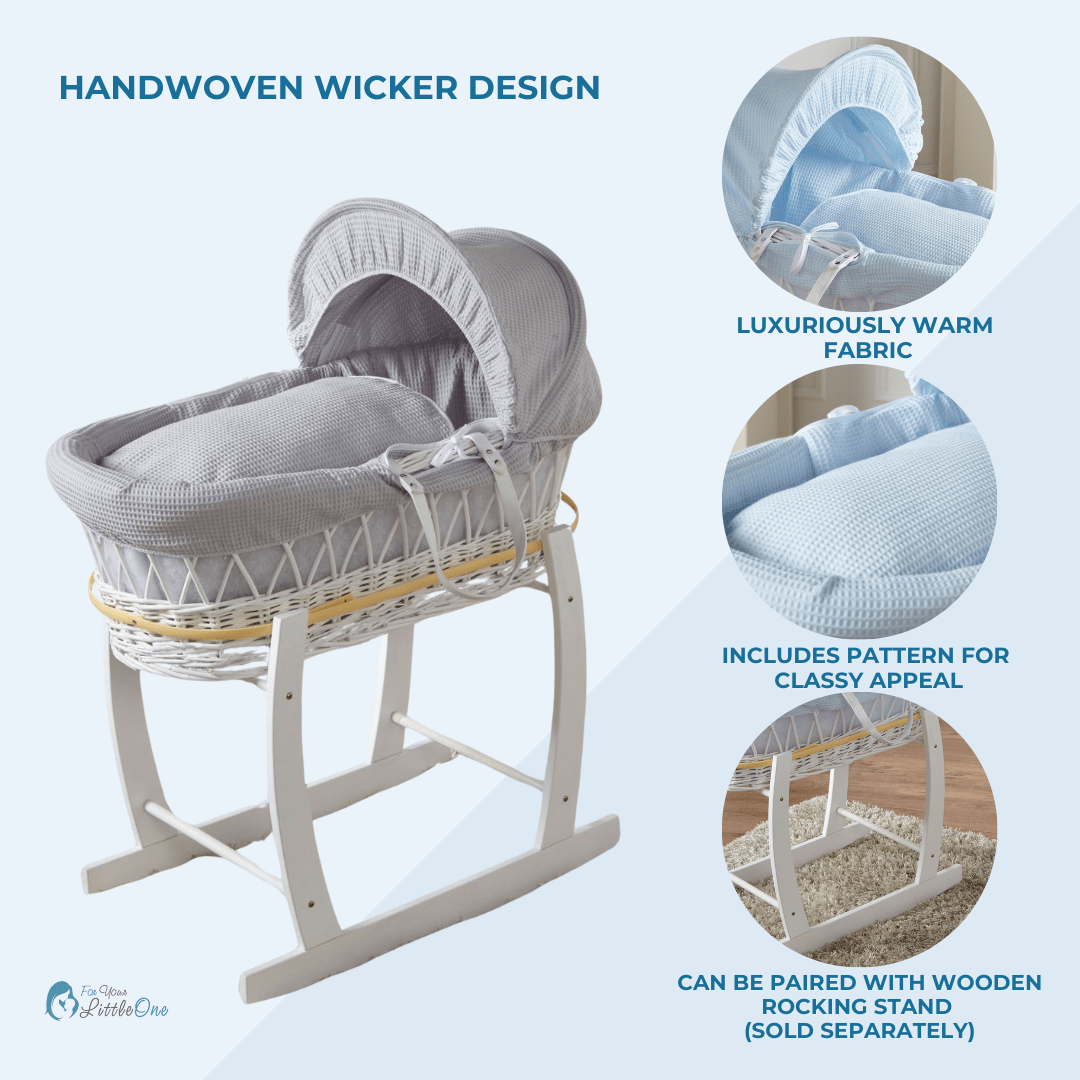 Blue Waffle Grey Wicker Baby Moses Basket With Stand-1