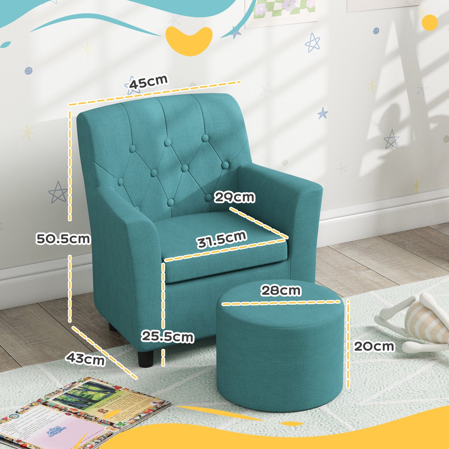 AIYAPLAY 2PCs Kids Sofa Set with Footrest, for Playroom, Bedroom in Blue
