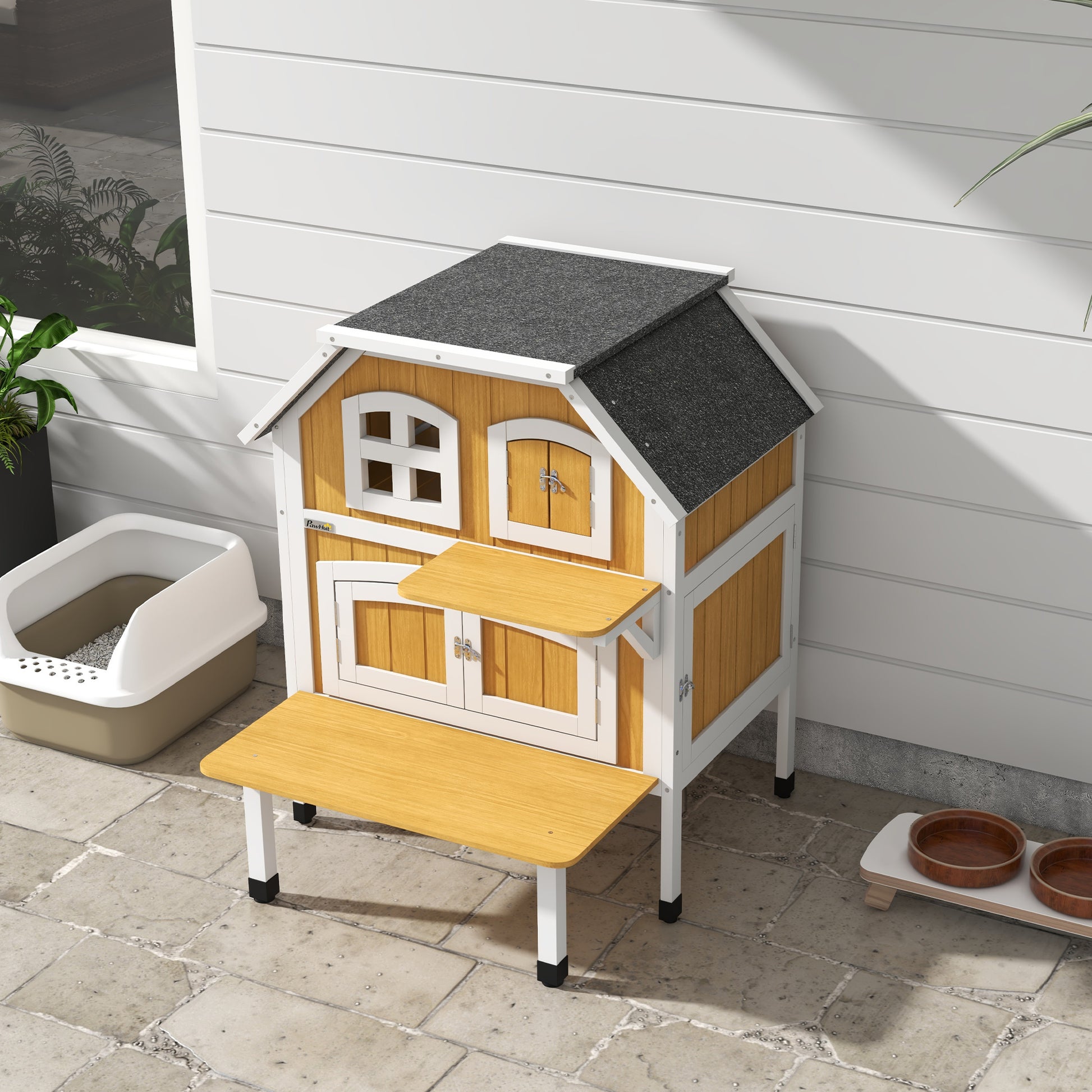 Outdoor Cat Shelter 2 Tiers Wooden Feral Cat House with Openable Asphalt Roof, Escape Doors, Terrace, for 1-2 Cats | PawHut-7