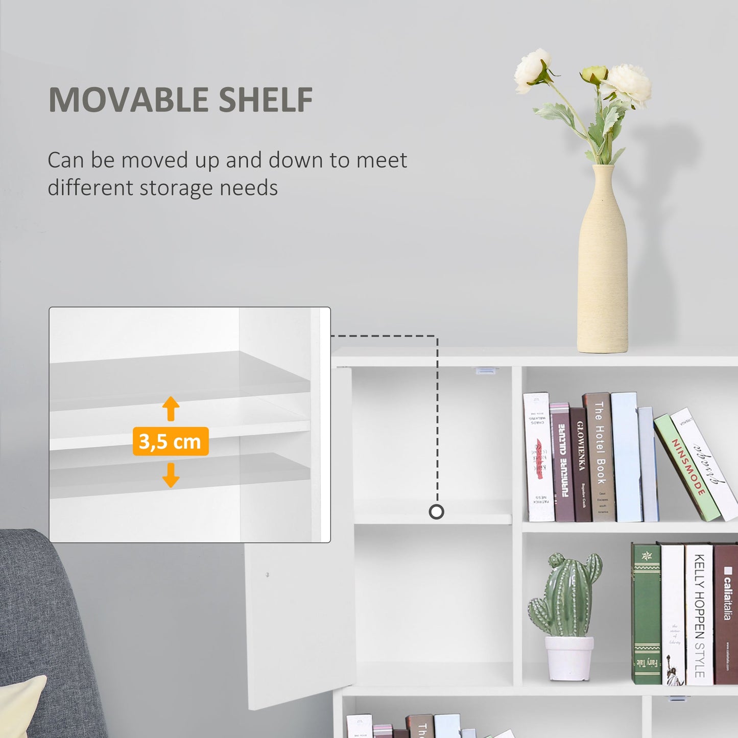 Sideboard Bookshelf Free Standing Bookcase Shelves Unit Display Storage Cabinet Wooden Leg w/ Two Doors White-3