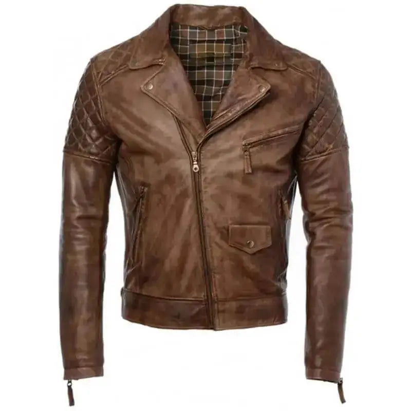Men’s Distressed Brown Leather Café Racer Biker Jacket
