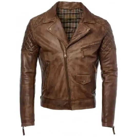 Men’s Distressed Brown Leather Café Racer Biker Jacket