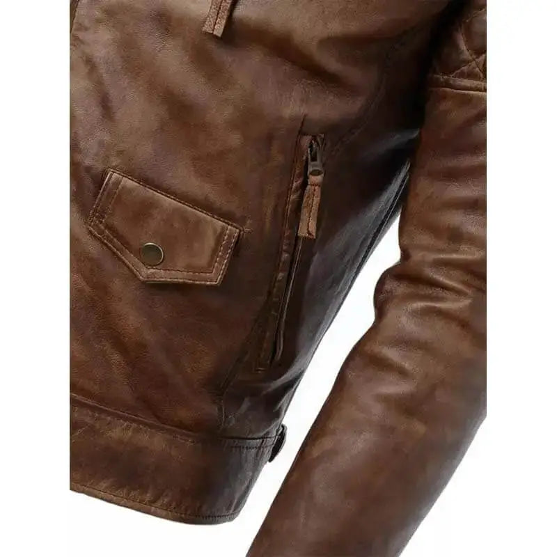 Men’s Distressed Brown Leather Café Racer Biker Jacket
