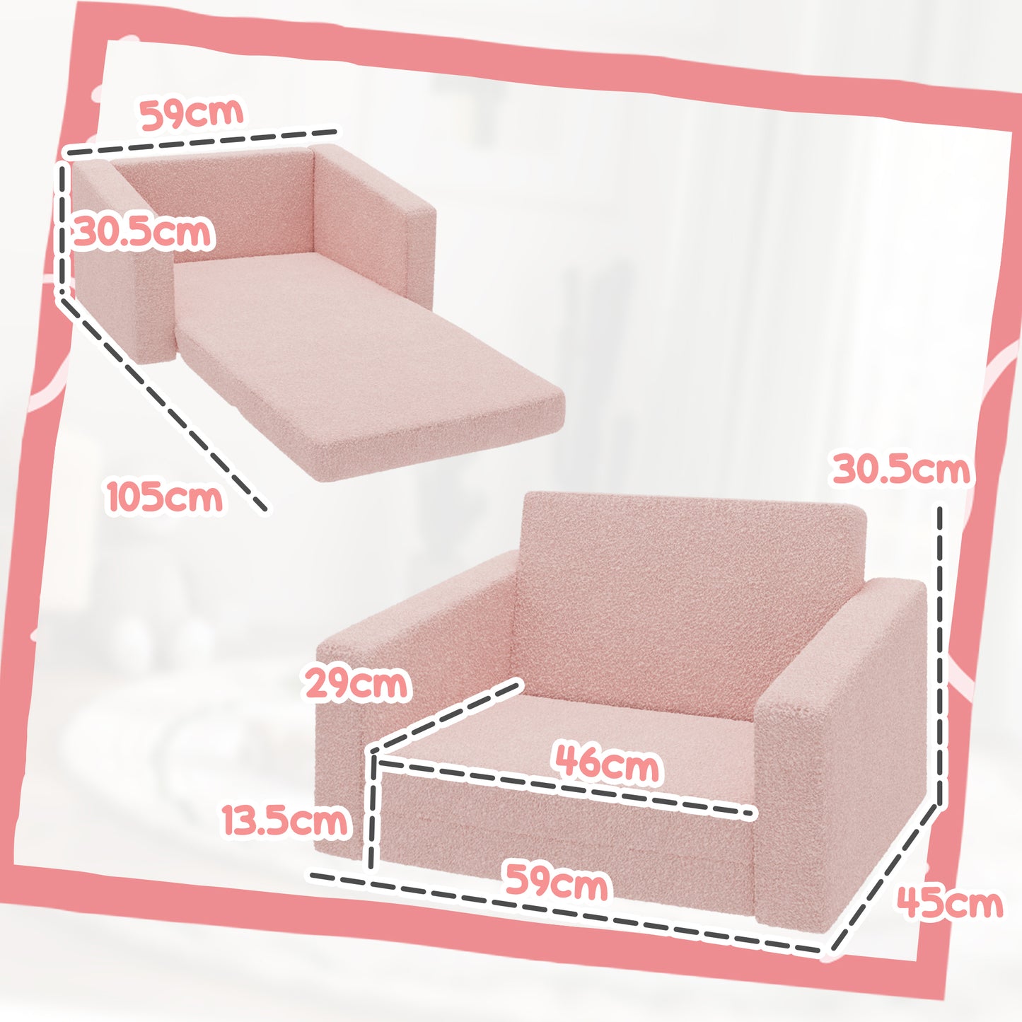 Childrens Sofa 2 in 1 Kids Convertible Sofa Kids Armchair, Foldable Recliner for Bedroom Playroom Living Room, Pink | AIYAPLAY