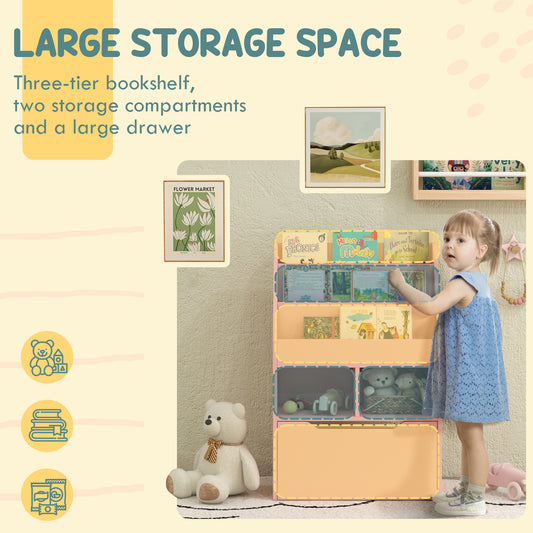 Kids Bookshelf, Toy Organiser, with Storage Drawer, Wheels - Pink by HOMCOM