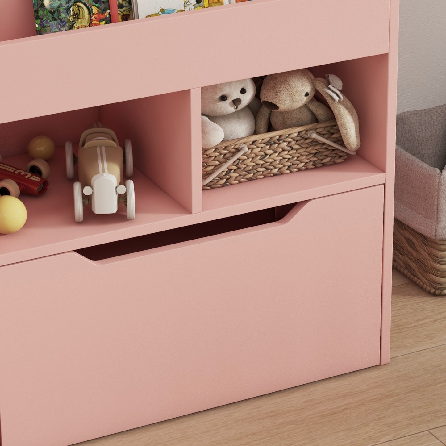 Kids Bookshelf, Toy Organiser, with Storage Drawer, Wheels - Pink by HOMCOM