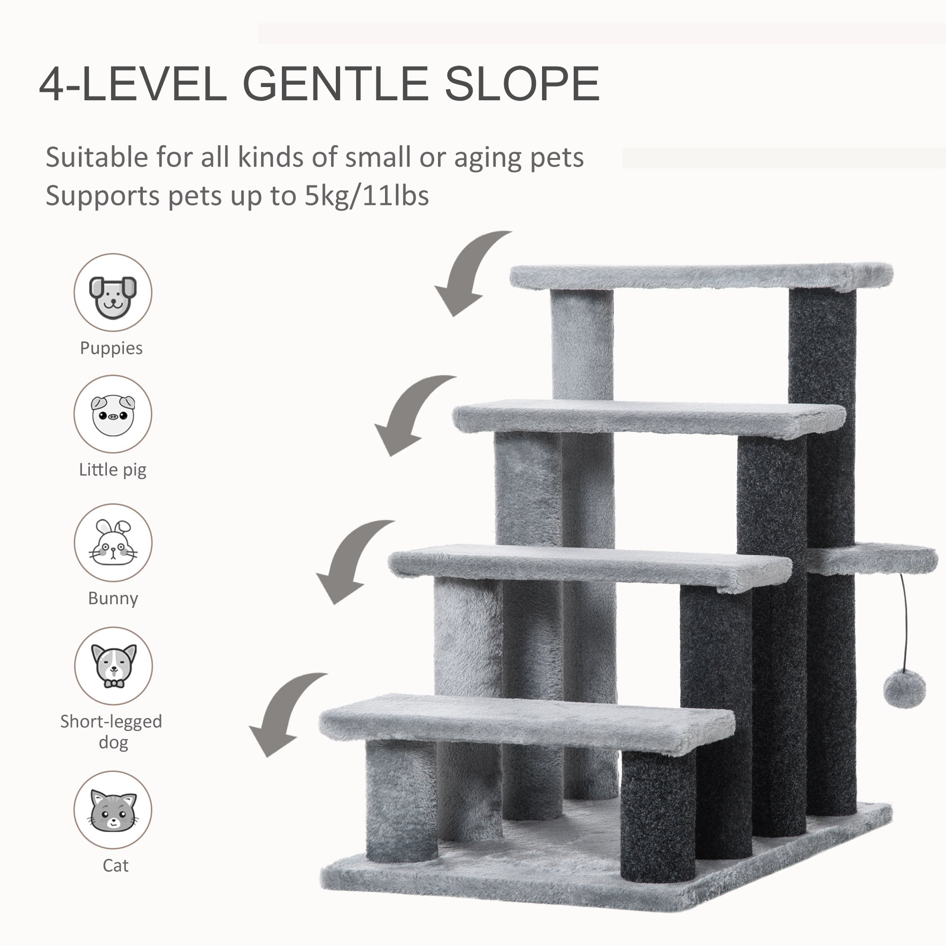 PawHut 4-step Pet Stairs with Scratching Posts, Platforms, Toy Ball, Grey-2