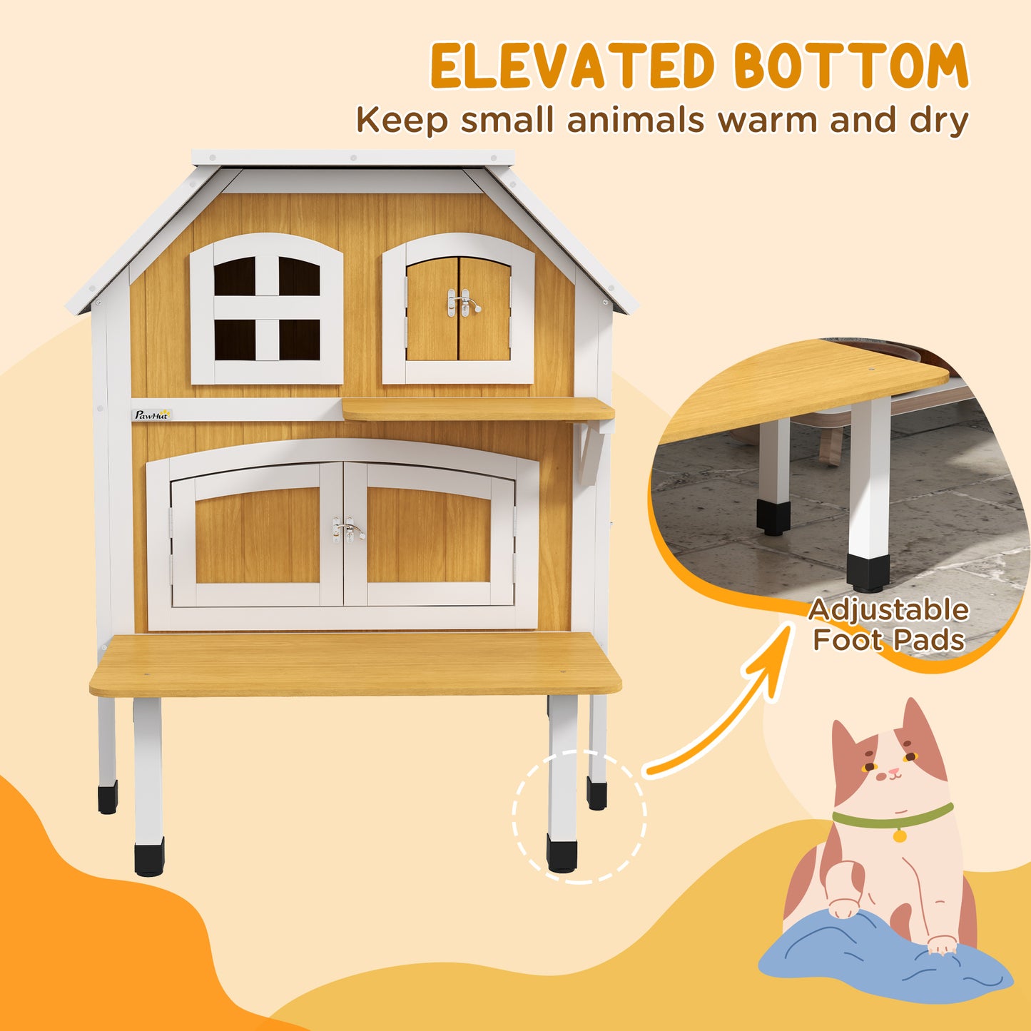 Outdoor Cat Shelter 2 Tiers Wooden Feral Cat House with Openable Asphalt Roof, Escape Doors, Terrace, for 1-2 Cats | PawHut-5