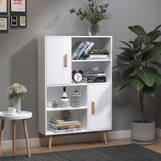 Sideboard Bookshelf Free Standing Bookcase Shelves Unit Display Storage Cabinet Wooden Leg w/ Two Doors White-0