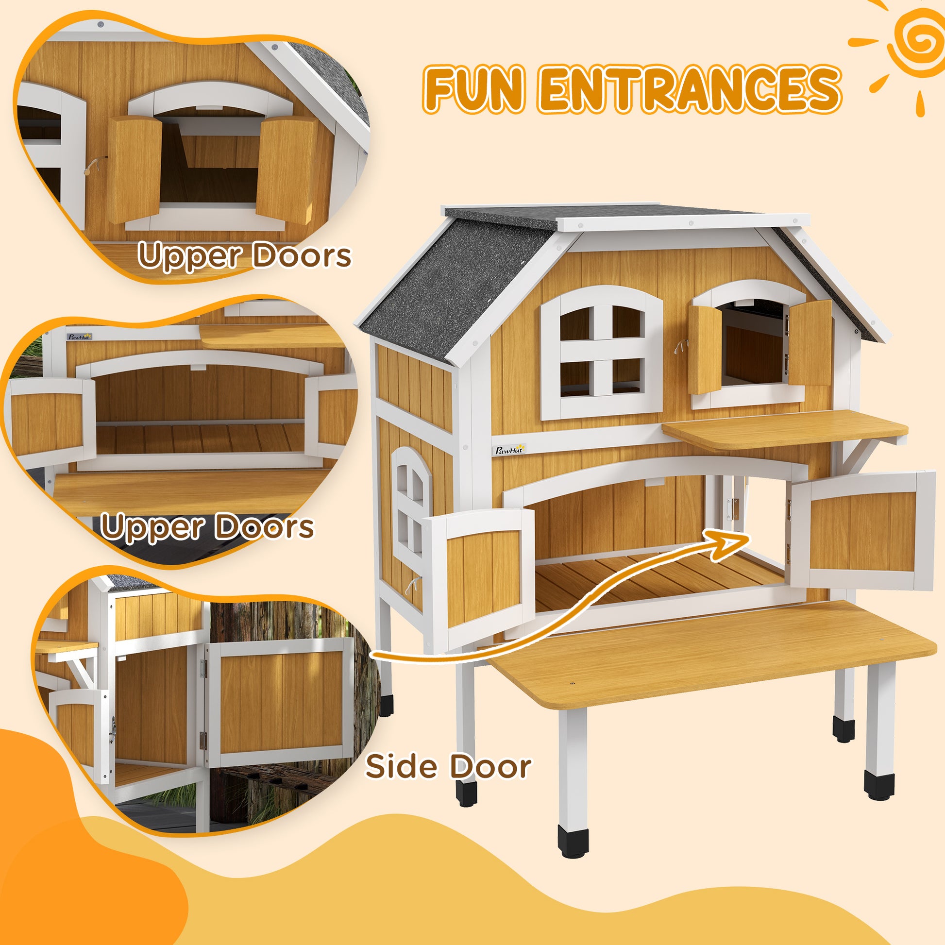 Outdoor Cat Shelter 2 Tiers Wooden Feral Cat House with Openable Asphalt Roof, Escape Doors, Terrace, for 1-2 Cats | PawHut-4