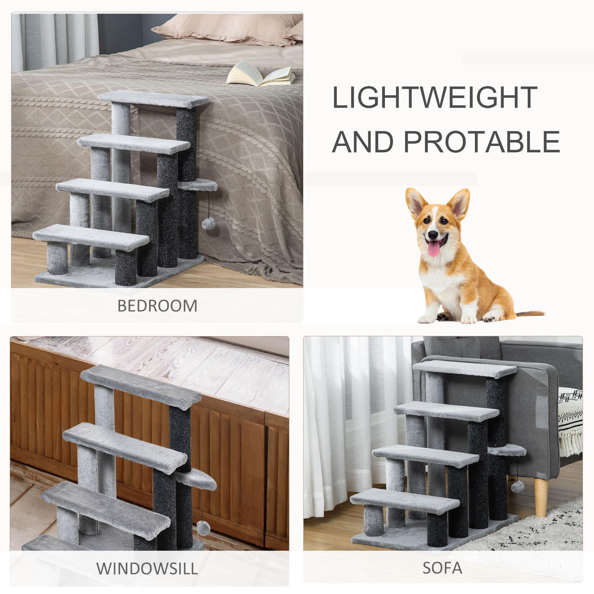PawHut 4-step Pet Stairs with Scratching Posts, Platforms, Toy Ball, Grey-5