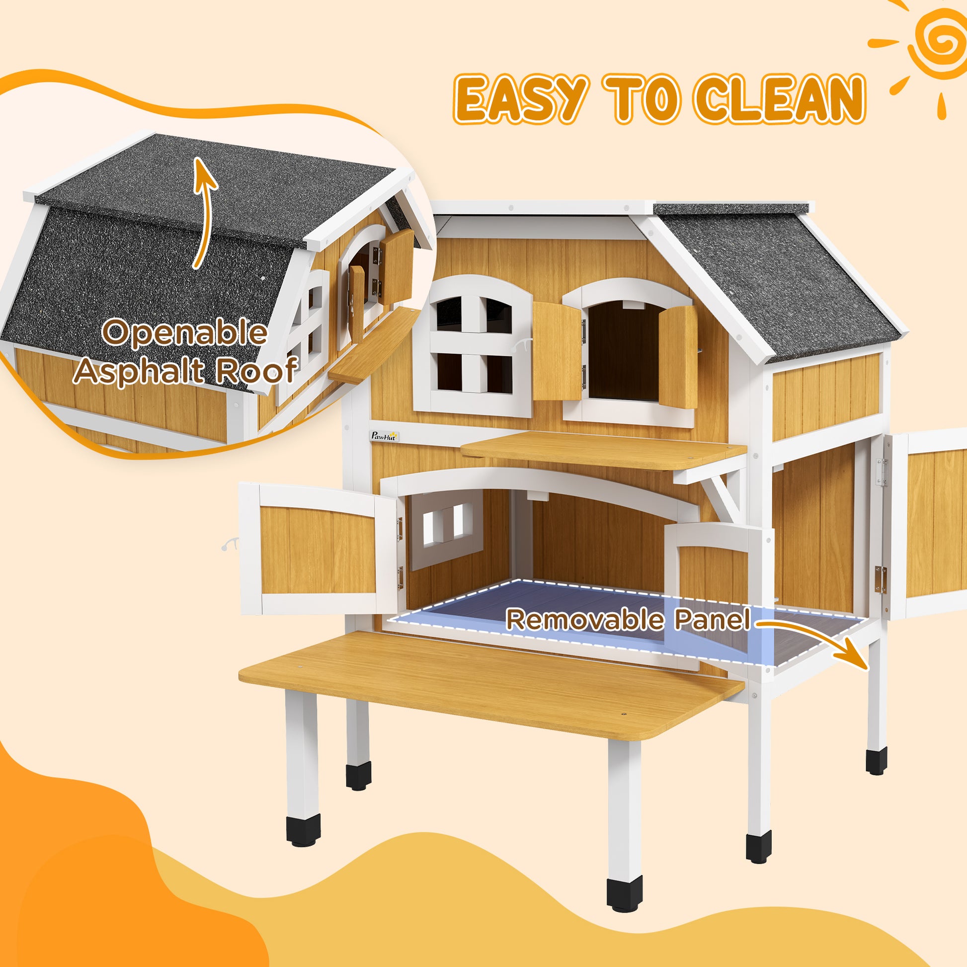 Outdoor Cat Shelter 2 Tiers Wooden Feral Cat House with Openable Asphalt Roof, Escape Doors, Terrace, for 1-2 Cats | PawHut-2
